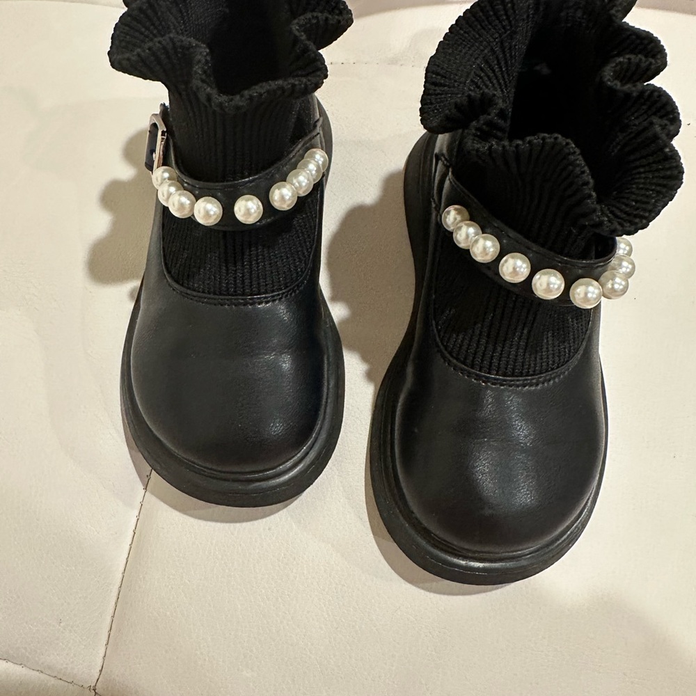 Black Kids Shoes with Pearl Detailing